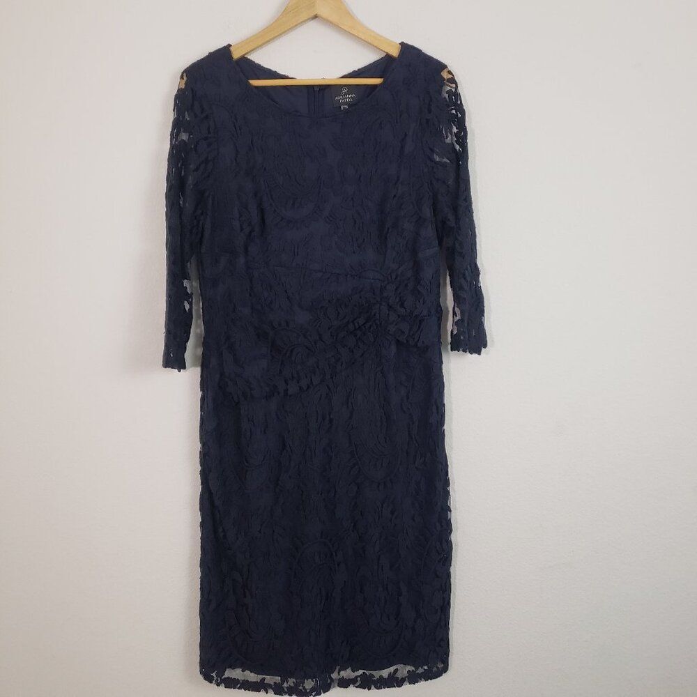 Adrianna Papell Sheath Dress 16 Navy Blue Cocktail Floral Lace Crochet Elegant